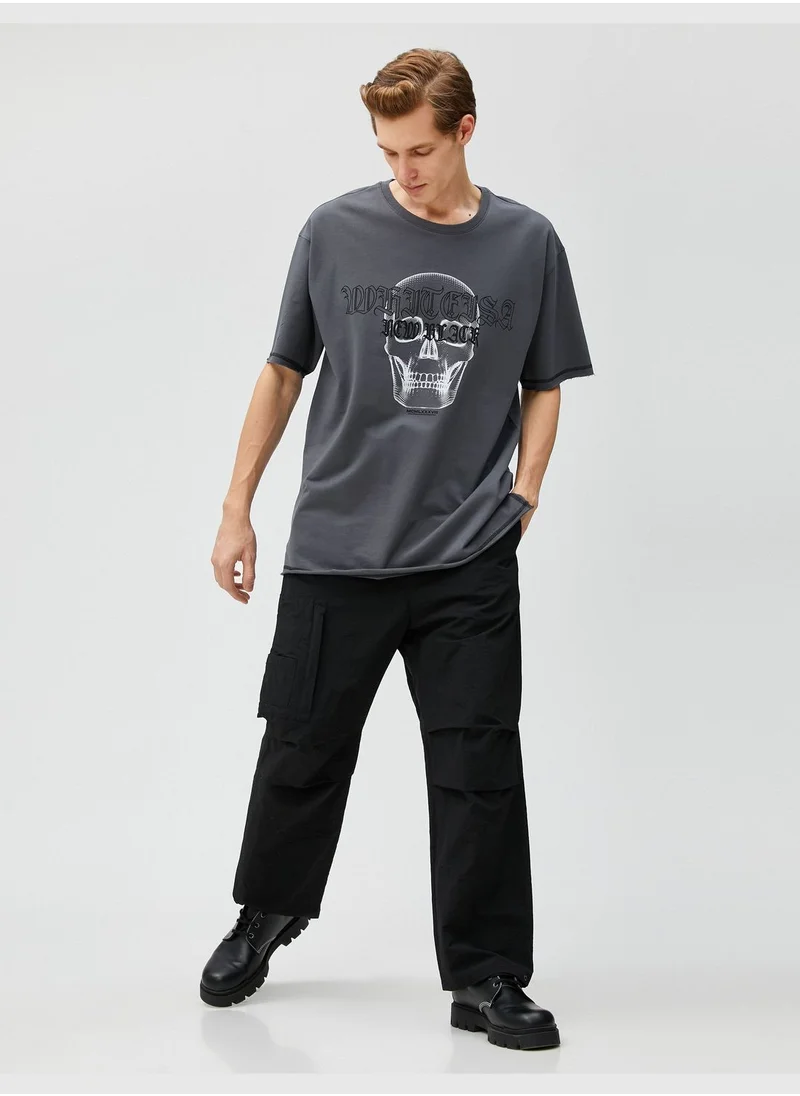 كوتون Oversized T-Shirt Skull Printed Short Sleeve Crew Neck