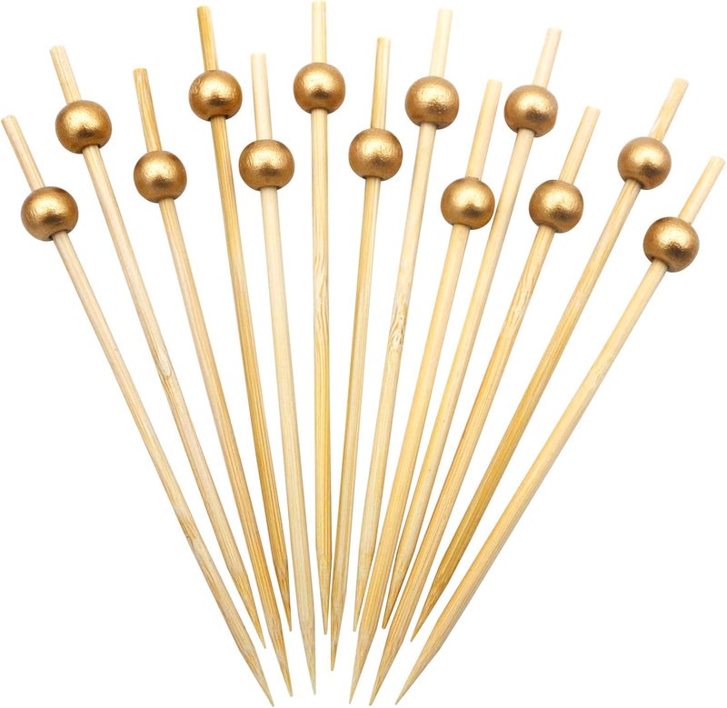 BLUETOP Gold Pearl Cocktail Picks 4.7 Inch 200 PCS for Food Appetizer/Fruit/Cakes/Cheese/Burgers,Decorative long toothpicks for Parties,Bar,Event,Hotel,July 4th - Image 1