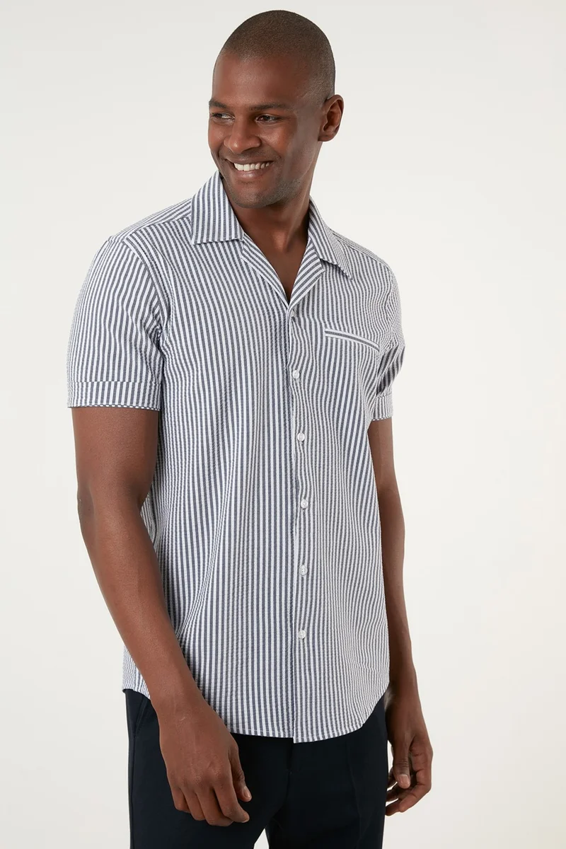 بوراتي Open Collar Short Sleeve Cotton Striped Slim Fit Shirt Men's Shirt CF21S114629