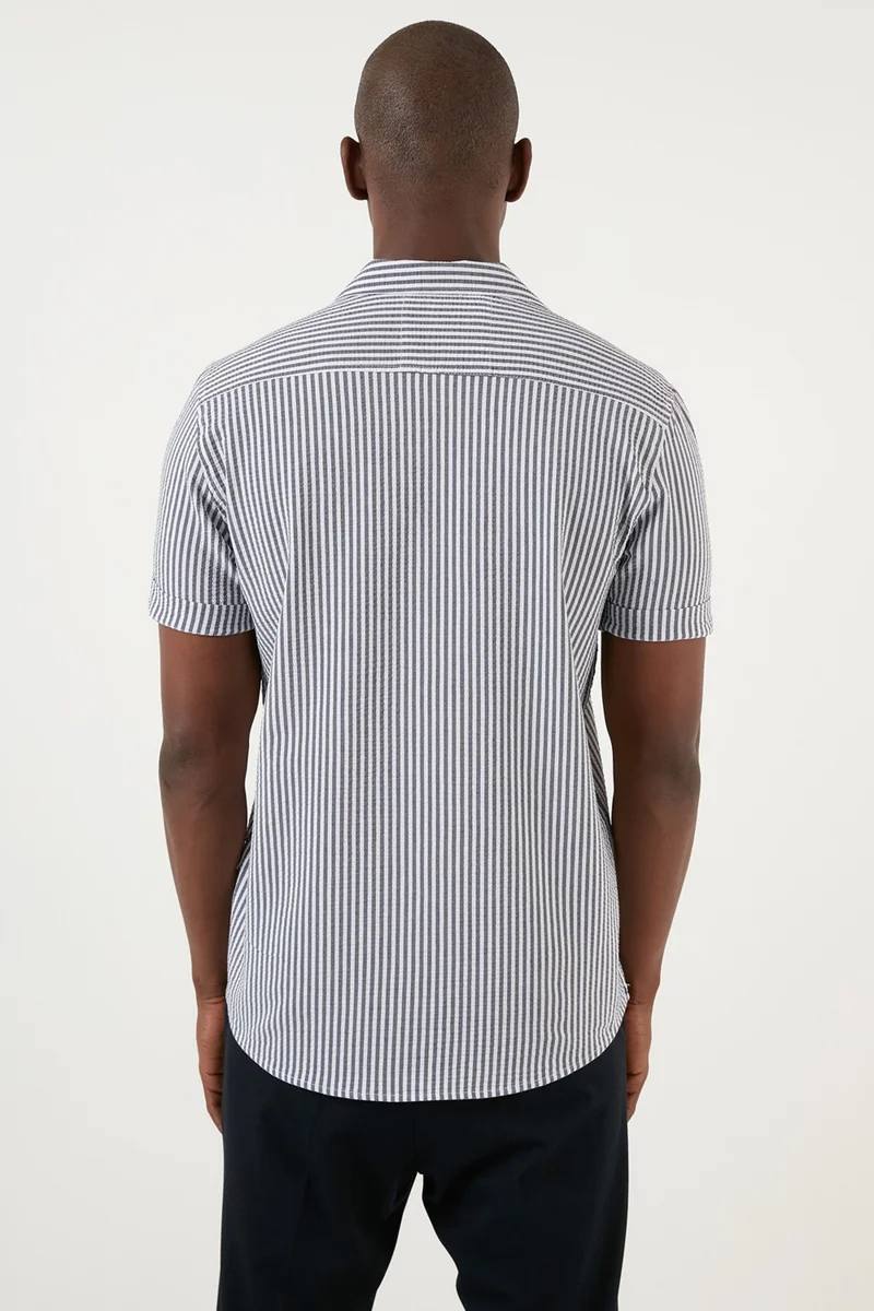بوراتي Open Collar Short Sleeve Cotton Striped Slim Fit Shirt Men's Shirt CF21S114629