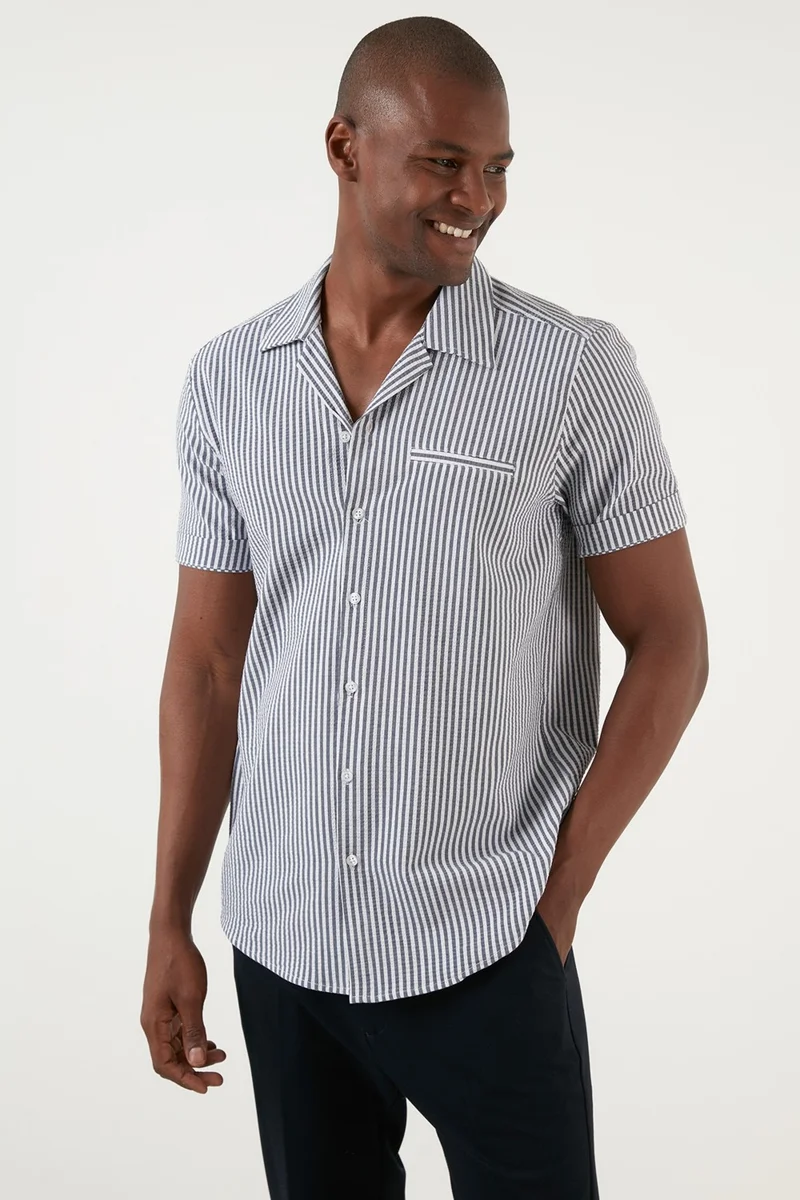بوراتي Open Collar Short Sleeve Cotton Striped Slim Fit Shirt Men's Shirt CF21S114629