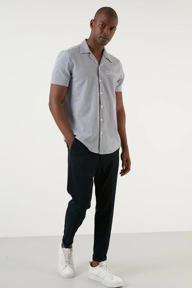 بوراتي Open Collar Short Sleeve Cotton Striped Slim Fit Shirt Men's Shirt CF21S114629