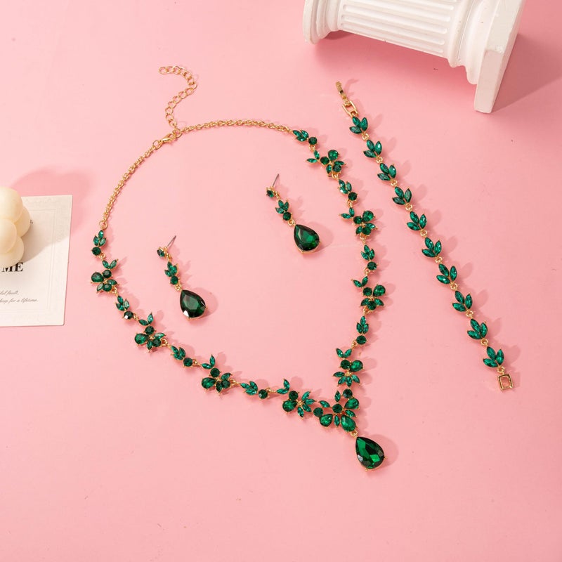 Paxuan Bridal Wedding Elegant Floral Jewelry Set for Women/Brides/Bridesmaids Crystal Jewelry Set for Wedding Prom Party Bridal Crystal Necklace Earrings Bracelet Set (Emerald Green (Gold)) - Image 5