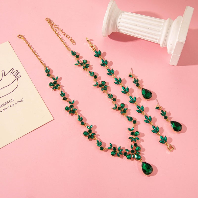 Paxuan Bridal Wedding Elegant Floral Jewelry Set for Women/Brides/Bridesmaids Crystal Jewelry Set for Wedding Prom Party Bridal Crystal Necklace Earrings Bracelet Set (Emerald Green (Gold)) - Image 4