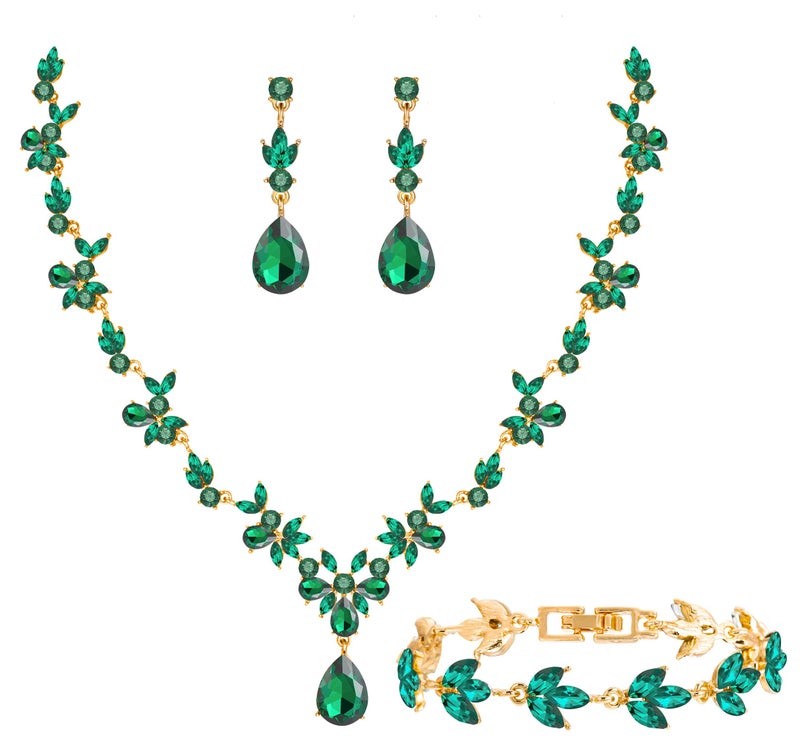 Paxuan Bridal Wedding Elegant Floral Jewelry Set for Women/Brides/Bridesmaids Crystal Jewelry Set for Wedding Prom Party Bridal Crystal Necklace Earrings Bracelet Set (Emerald Green (Gold)) - Image 1