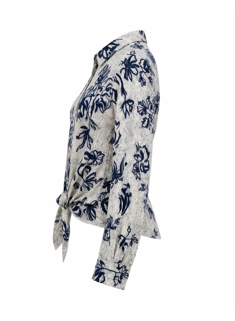 بلوزة نسائية بأزرار أمامية من مزيج الكتان بنقشة زهور، لون أزرق داكن، أكمام طويلة، حافة أمامية برباط، ياقة مدببة كلاسيكية - Image 4