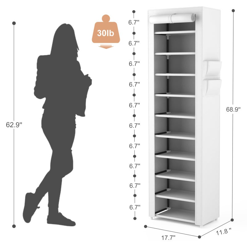 VTRIN Vertical Narrow Shoe Rack Organizer Tall Shoe Rack for Closet Entryway 10 Tier Non-Woven Cover Shoe Shelf Holds 20-22 Pairs Free Standing Shoe Storage Cabinet with Dustproof Cover, White - Image 3