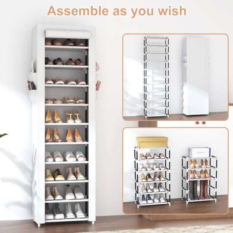 VTRIN Vertical Narrow Shoe Rack Organizer Tall Shoe Rack for Closet Entryway 10 Tier Non-Woven Cover Shoe Shelf Holds 20-22 Pairs Free Standing Shoe Storage Cabinet with Dustproof Cover, White - Image 5