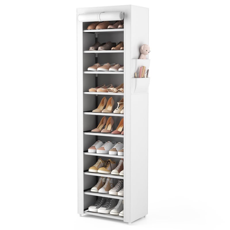 VTRIN Vertical Narrow Shoe Rack Organizer Tall Shoe Rack for Closet Entryway 10 Tier Non-Woven Cover Shoe Shelf Holds 20-22 Pairs Free Standing Shoe Storage Cabinet with Dustproof Cover, White - Image 1