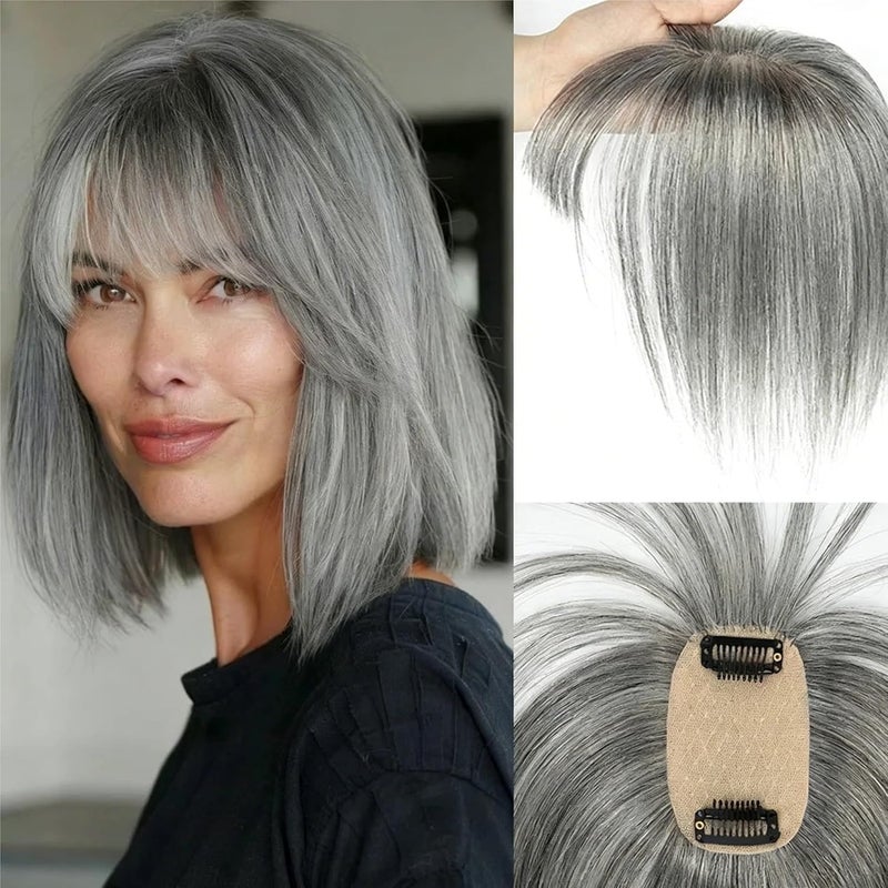 5x9cm Hair Topper with Bangs, Brown & Highlight Clip-In Hair Piece for Women(14inches 35cm,Black) - Image 4
