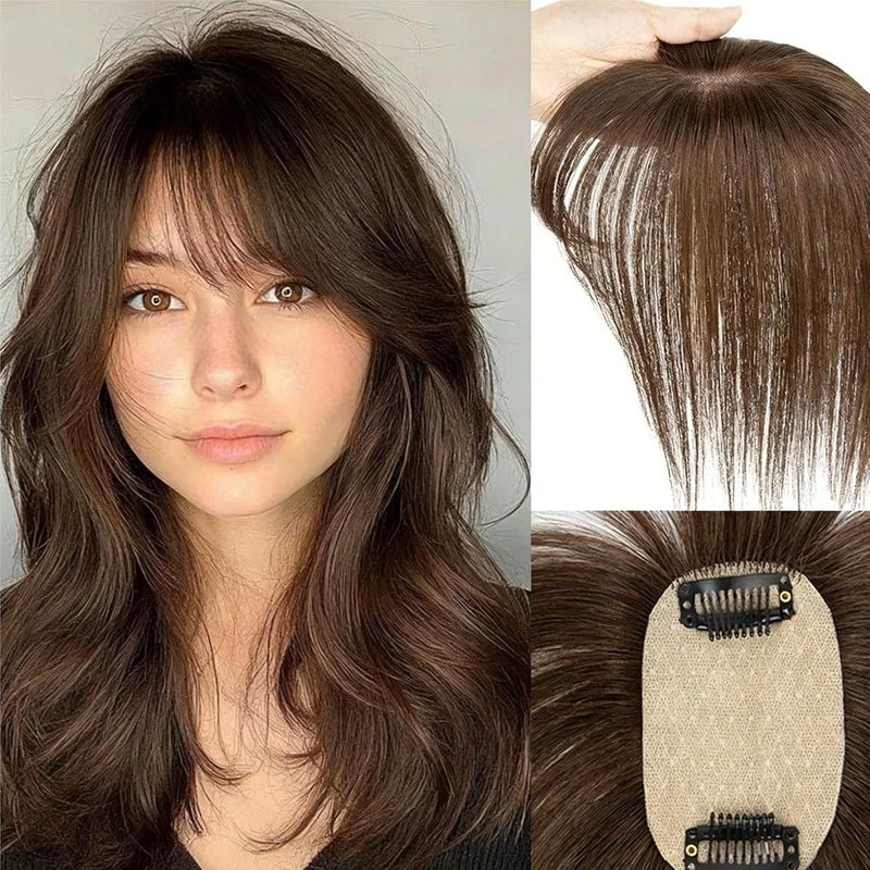 5x9cm Hair Topper with Bangs, Brown & Highlight Clip-In Hair Piece for Women(14inches 35cm,Black) - Image 2