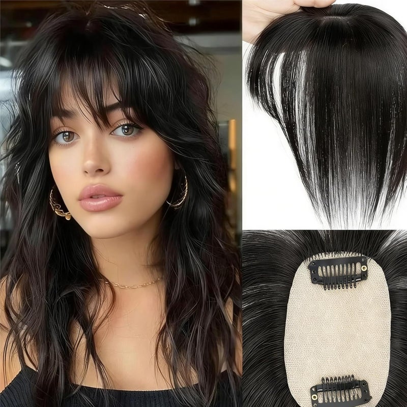 5x9cm Hair Topper with Bangs, Brown & Highlight Clip-In Hair Piece for Women(14inches 35cm,Black) - Image 3
