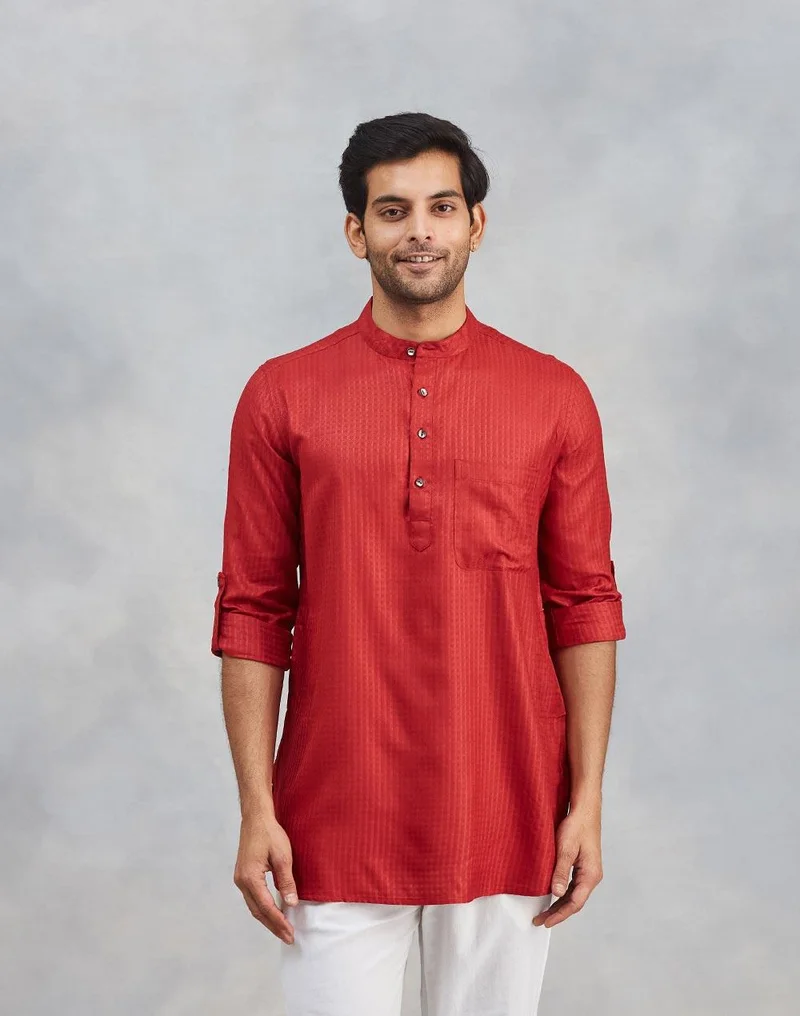 Fabindia Maroon Viscose Blend Dobby Slim Fit Short Kurta