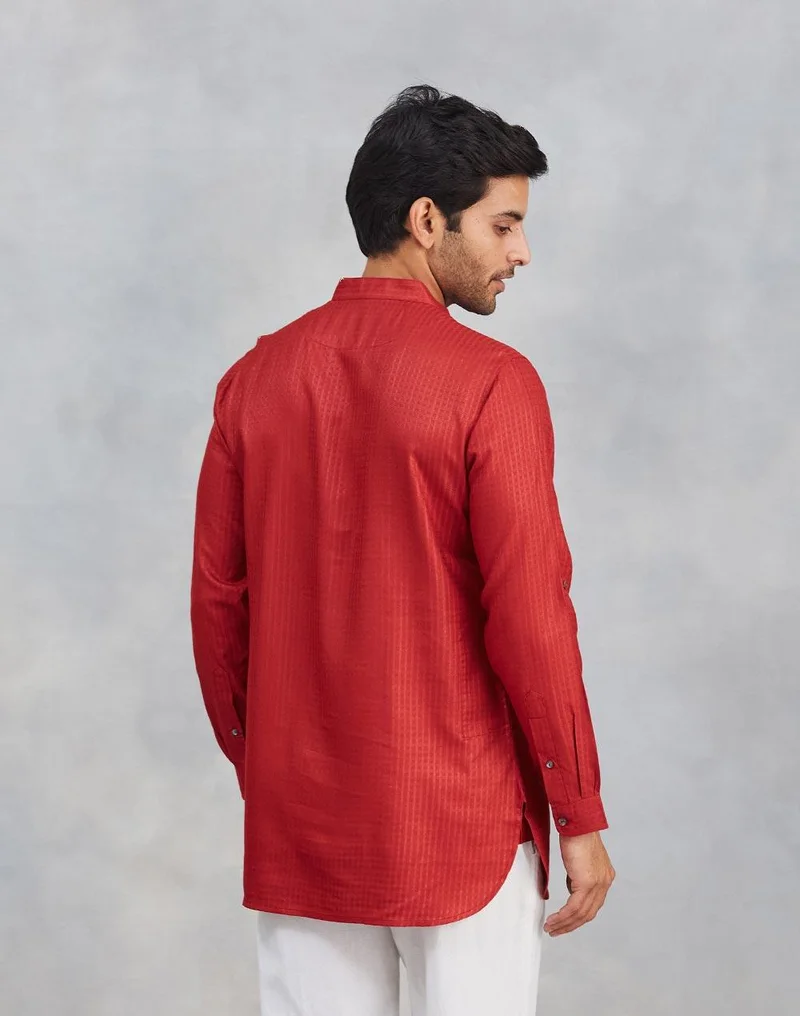 Fabindia Maroon Viscose Blend Dobby Slim Fit Short Kurta