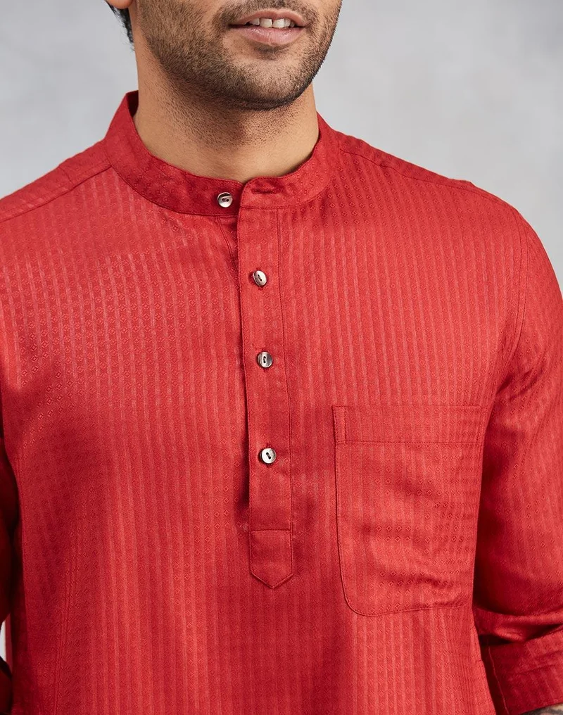 Fabindia Maroon Viscose Blend Dobby Slim Fit Short Kurta