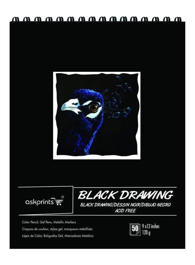 Askprints Black Drawing Paper for Pencil, Acrylic Marker, Opaque Inks, Gouache and Pastels, Top Wiro, 9 x 12 Inch, Black, 50 Sheets - Image 1