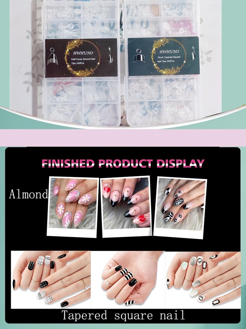 HWHUNO 480Pcs Extra Short Half Cover Almond &Tapered Square Nail Tips Gel x Clear Set,2 Shape Pre Shape XXS for Manicure Art Home DIY Salon 12Sizes - Image 4