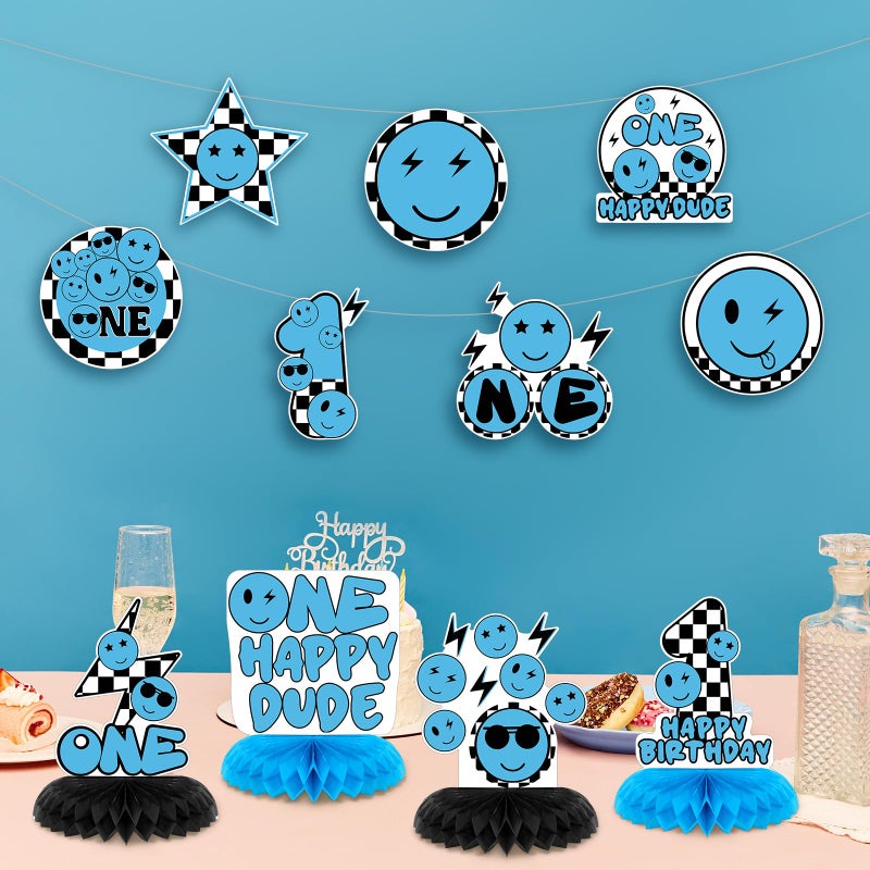 Memorywuu 12 Pcs One Happy Dude Honeycomb Centerpiece Blue One Happy Dude 1st Birthday Party Decoration Birthday Centerpiece Table Decorations Smile Face Table Topper for Baby Shower Party - Image 4