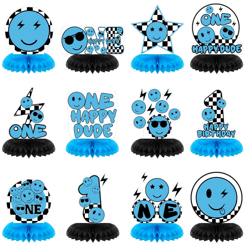 Memorywuu 12 Pcs One Happy Dude Honeycomb Centerpiece Blue One Happy Dude 1st Birthday Party Decoration Birthday Centerpiece Table Decorations Smile Face Table Topper for Baby Shower Party - Image 1