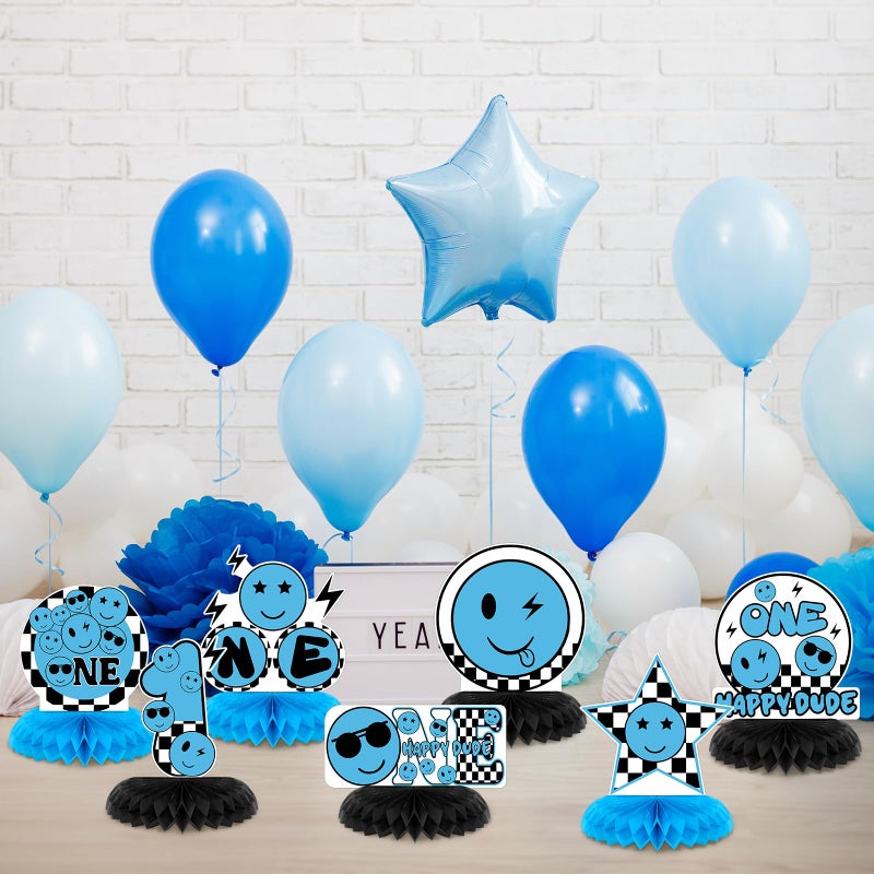 Memorywuu 12 Pcs One Happy Dude Honeycomb Centerpiece Blue One Happy Dude 1st Birthday Party Decoration Birthday Centerpiece Table Decorations Smile Face Table Topper for Baby Shower Party - Image 5