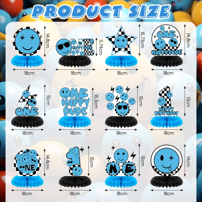 Memorywuu 12 Pcs One Happy Dude Honeycomb Centerpiece Blue One Happy Dude 1st Birthday Party Decoration Birthday Centerpiece Table Decorations Smile Face Table Topper for Baby Shower Party - Image 2