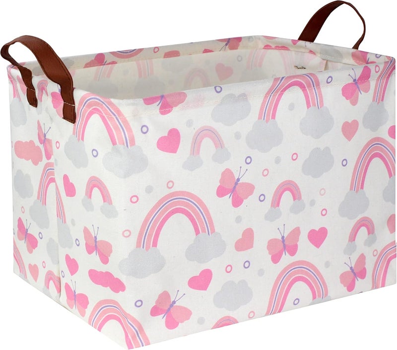 DDBASKET Pink Rainbow Storage Basket - Baby Girl Cute Toy Organizer Bin Box Gift Basket - Empty Rectangular Bedroom Decor for Books - Image 1