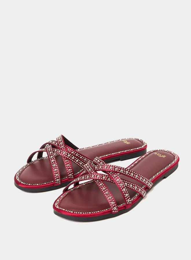 Styli Embellished Stud Detail Cross Strap Flat Sandal