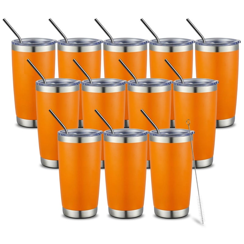 COMOOO 20oz Double Wall Vacuum Insulated Travel Mug Bulk Stainless Steel Tumbler with Lid and Straw Durable Powder Coated Insulated Coffee Cup for Cold  Hot Drinks Orange 12 pack