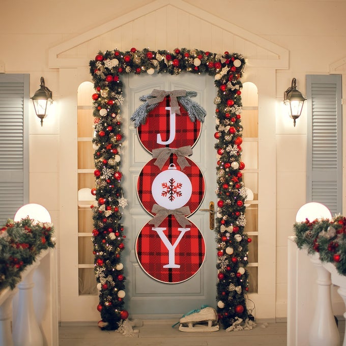 CHRISTMAS WREATH BUFFALO PLAID JOY SIGN FOR FRONT DOOR RUSTIC BURLAP HOLIDAY DCOR FOR WINDOW WALL FARMHOUSE INDOOR OUTDOOR CHRISTMAS HOLIDAY DECORATIONS