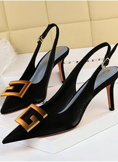BIGTREE Pointed Back Strap Metal Square Buckle High Heels 7CM Black  - Image 2