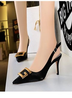 BIGTREE Pointed Back Strap Metal Square Buckle High Heels 7CM Black  - Image 1