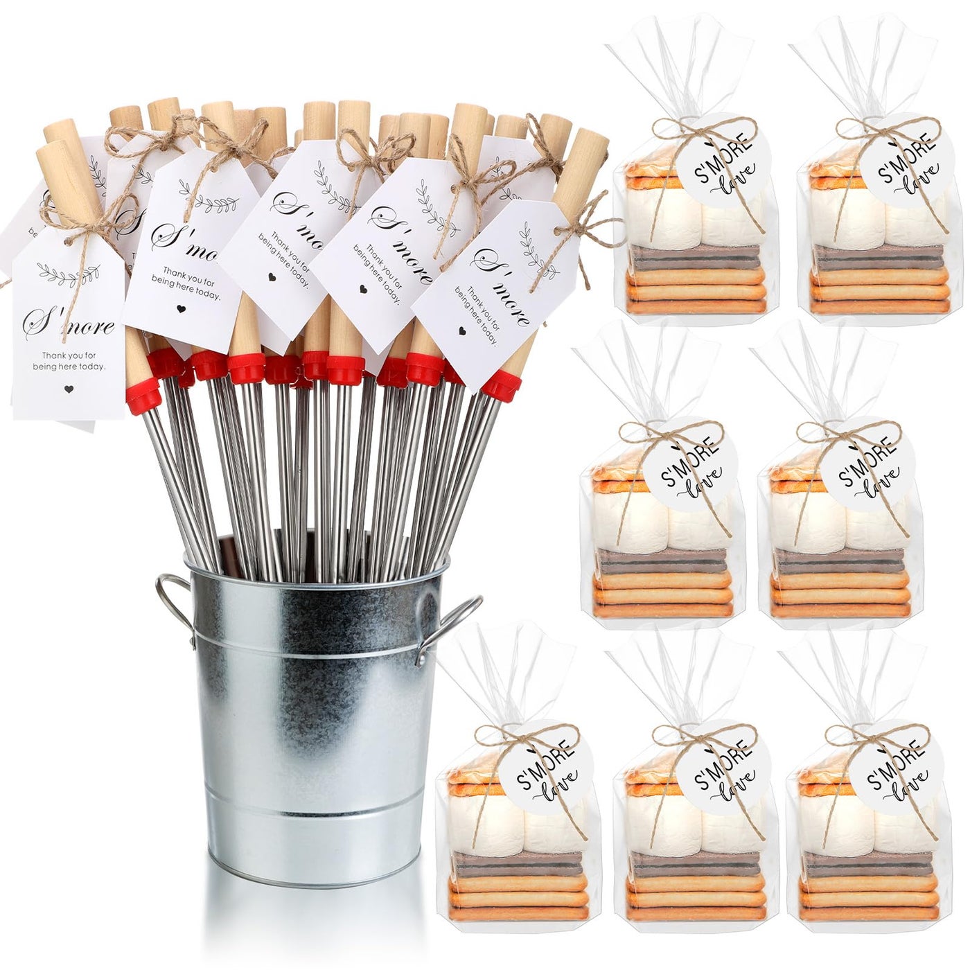 Acellegic 148pcs S'mores Kit Party Favor Includes S'mores Sticks for Fire Pit Birthday Party Decorations Clear Cellophane Bags with String Tags Extendable Marshmallow Sticks Skewers for Wedding