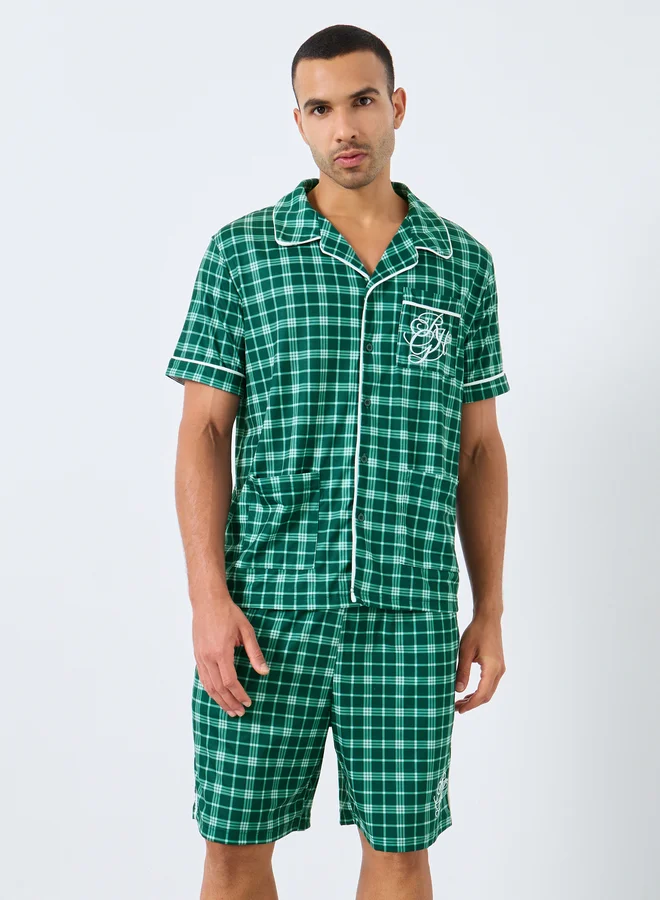 Styli Styli Pocket Embroidered Detail Checked Shirt and Shorts Pyjama Set