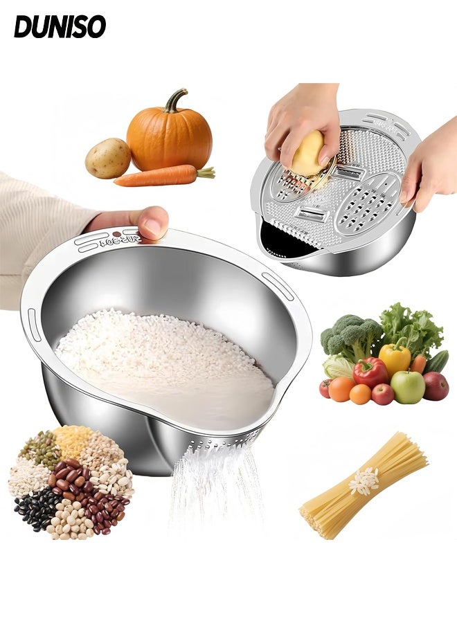 DUNISO Multipurpose 304 Stainless Steel Rice Strainer Basket, 4-in-1 Strainer Bowl with Side Drain Basket and Built-in Grater,Versatile Kitchen Tool Suitable for Cleaning Fruits, Vegetables, and Beans - Image 1