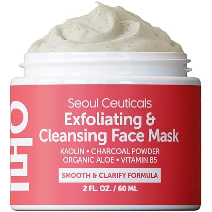 SeoulCeuticals Korean Face Scrub - Exfoliating Face Mask Skincare K Beauty Mask for Glass Skin - Kaolin Clay + Charcoal Cream Exfoliant Mask 2oz - Image 1