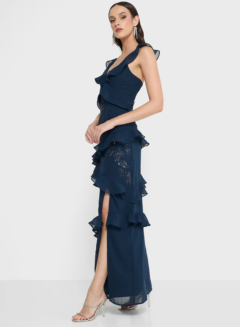Maya Ruffle Embellished Side Slit Sleeveless Maxi Dress
