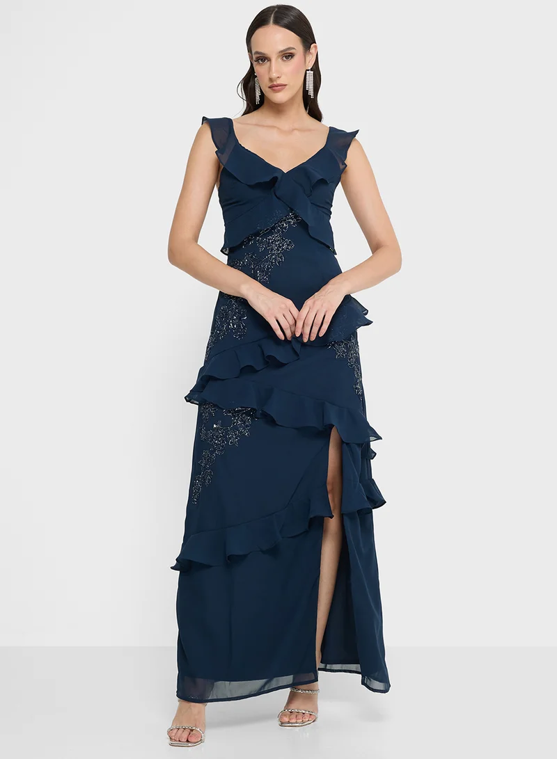 Maya Ruffle Embellished Side Slit Sleeveless Maxi Dress