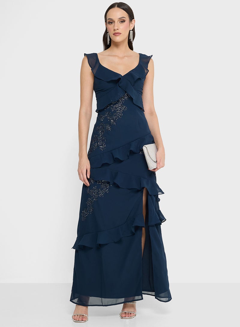 Maya Ruffle Embellished Side Slit Sleeveless Maxi Dress - Image 5