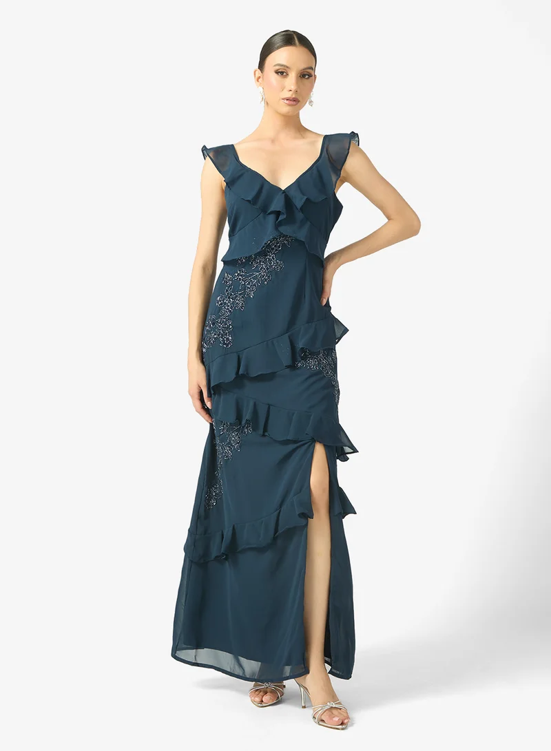 مايا Ruffle Embellished Side Slit Sleeveless Maxi Dress