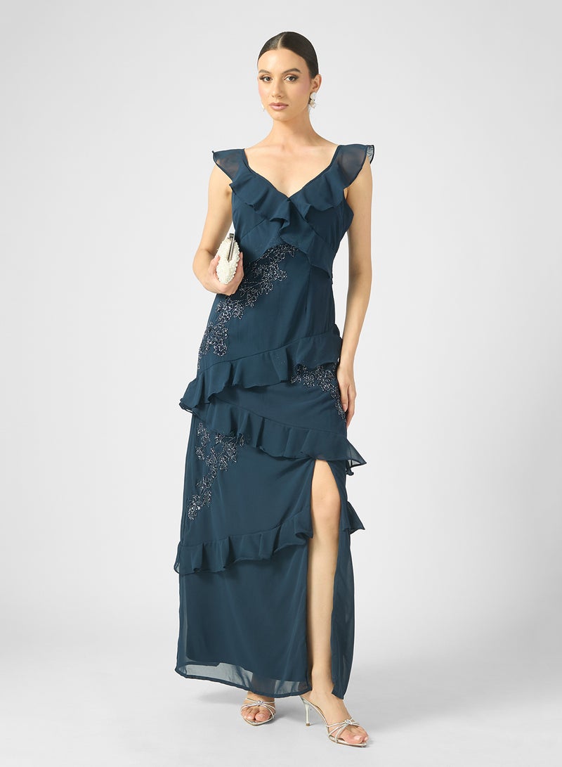 Maya Ruffle Embellished Side Slit Sleeveless Maxi Dress - Image 4