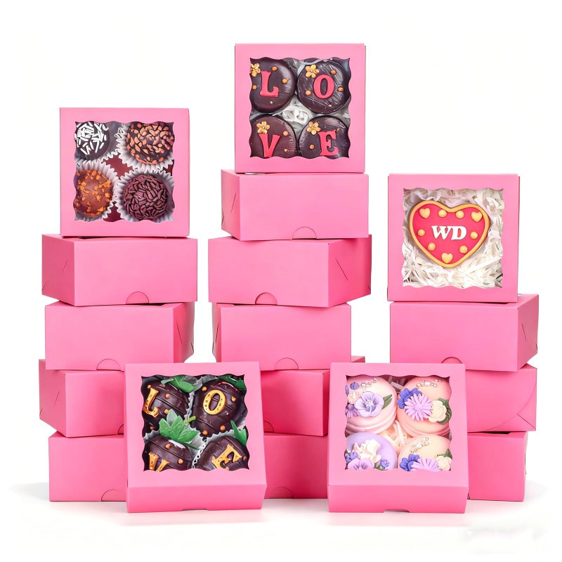 ROSPAKTEK 90 Pack 4x4x2 Inches Pink Bakery Boxes (Clear Window) â€“ Ideal for Packaging Macaron, Ores, Chocolate Truffle, Strawberry, Cookie, Donut, Pie â€“ Party, Wedding, Holiday Favors - Image 1