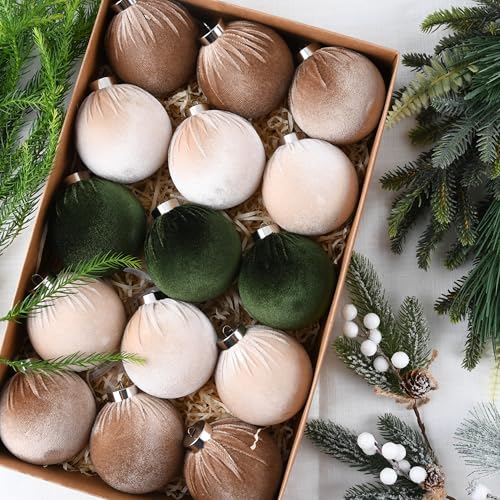 VTYEPOU Christmas Tree Ornaments Velvet Balls - Pack of 15pcs Shatterproof Xmas Bulbs Decorations Set - Multicolor Green Brown Neutral, 80mm 3.15 inch - Image 2