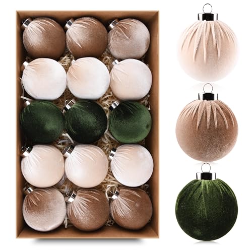 VTYEPOU Christmas Tree Ornaments Velvet Balls - Pack of 15pcs Shatterproof Xmas Bulbs Decorations Set - Multicolor Green Brown Neutral, 80mm 3.15 inch - Image 1