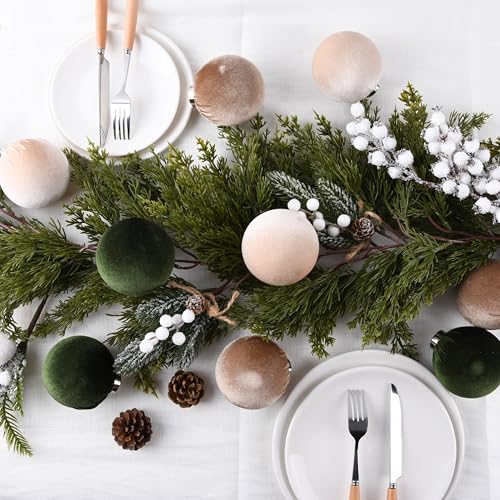 VTYEPOU Christmas Tree Ornaments Velvet Balls - Pack of 15pcs Shatterproof Xmas Bulbs Decorations Set - Multicolor Green Brown Neutral, 80mm 3.15 inch - Image 4