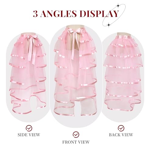 iHUFeather Victorian Steampunk Bustle Skirt Layered Tie on Belt Tulle Tutu Long Overskirt for Women(Pink) - Image 3