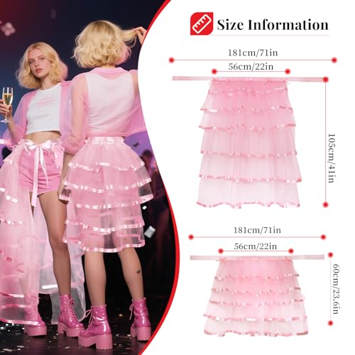 iHUFeather Victorian Steampunk Bustle Skirt Layered Tie on Belt Tulle Tutu Long Overskirt for Women(Pink) - Image 2