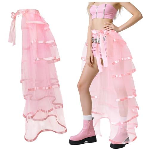 iHUFeather Victorian Steampunk Bustle Skirt Layered Tie on Belt Tulle Tutu Long Overskirt for Women(Pink) - Image 1