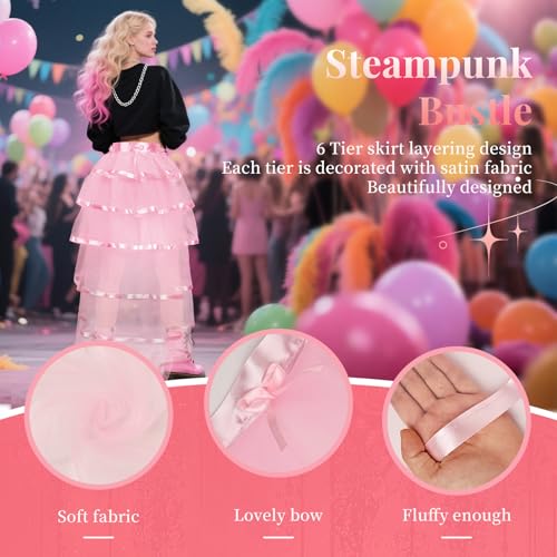 iHUFeather Victorian Steampunk Bustle Skirt Layered Tie on Belt Tulle Tutu Long Overskirt for Women(Pink) - Image 4