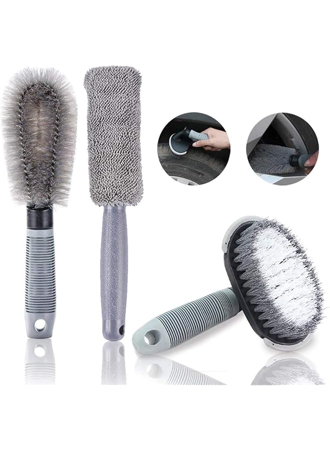 شواي مجموعة فرش تنظيف عجلات السيارة، مكونة من 3 قطع، فرشاة عجلات، فرشاة إطارات، منظف جنوط، تنظيف بزاوية 360 درجة بدون انسداد، فرشاة تفاصيل السيارة، لغسل إطارات الدراجات النارية أو الدراجات الهوائية - Image 1