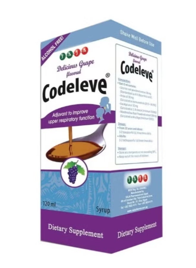 Codeleve Dietary Supplement Syrup, Delicious Grape Flavor, 120ml, Alcohol-Free